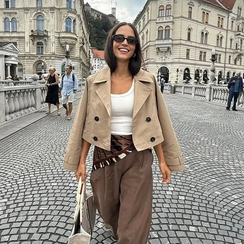 Women's Cropped Trench Jacket – Double Breasted Collarless Cuffed Sleeve Smart
