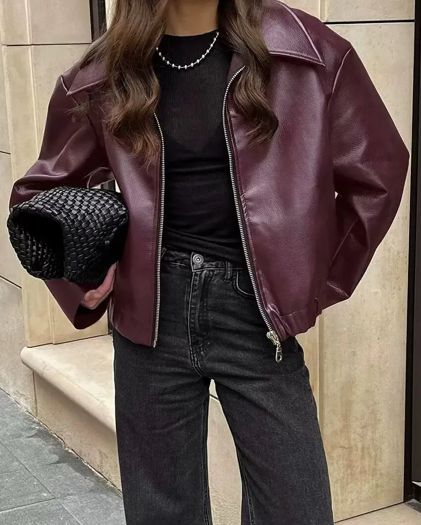 Women's Cropped Wide Collar Zip Front Jacket – Oversized Moto Biker Long Sleeve