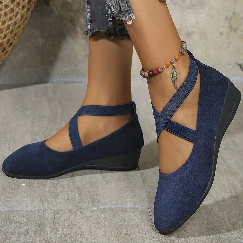 Women's Cross Strap Mary Jane Shoes – Closed Toe Low Wedge Suede Casual