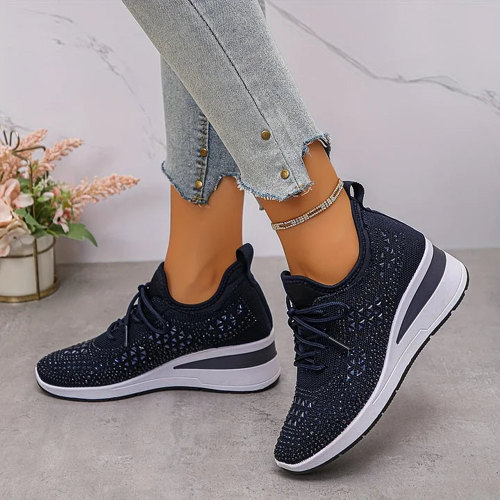 Women's Crystal Embellished Knit Sneakers – Lace Up Wedge Sole Casual