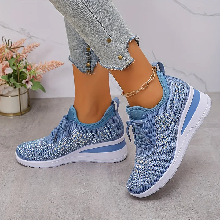 Women's Crystal Embellished Knit Sneakers – Lace Up Wedge Sole Casual