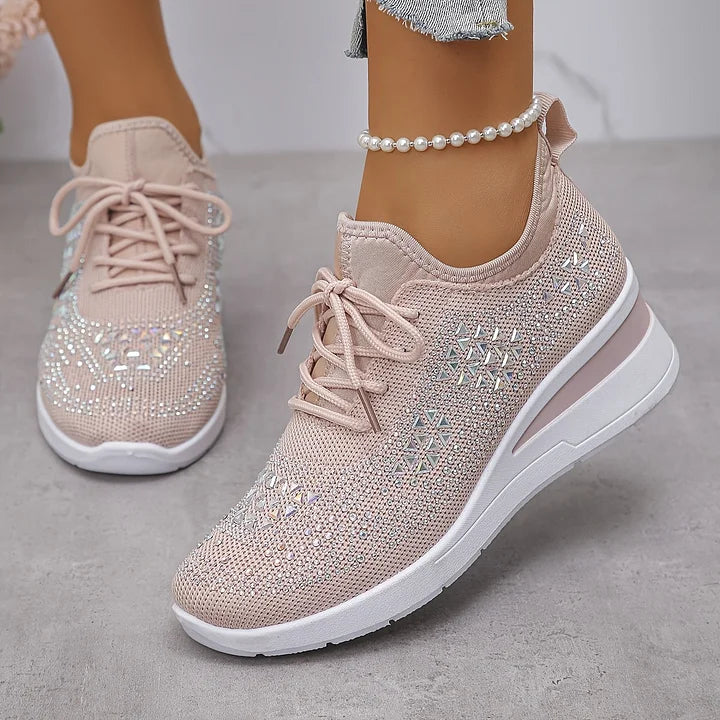 Women's Crystal Embellished Knit Sneakers – Lace Up Wedge Sole Casual