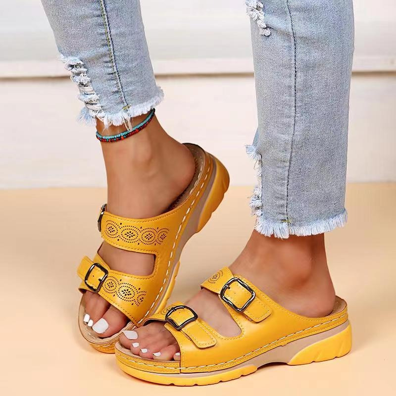 Women's Cutout Buckle Sandals – Open Toe Double Strap Casual Walking