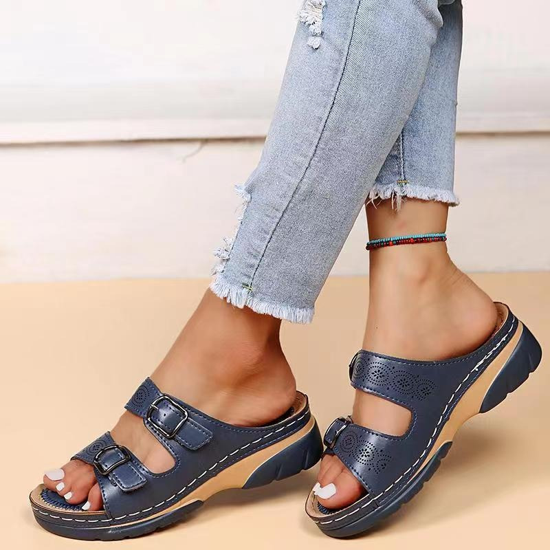 Women's Cutout Buckle Sandals – Open Toe Double Strap Casual Walking