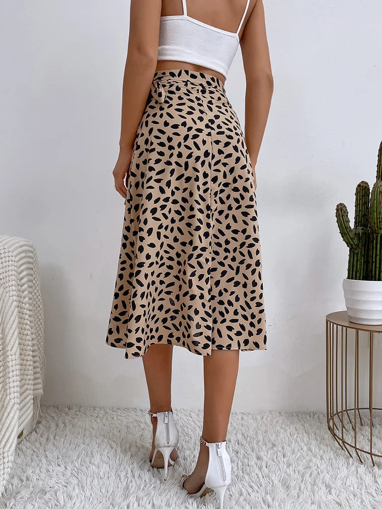 Women's Dalmatian Print High Waist Wrap Midi Skirt – Tie Waist Summer