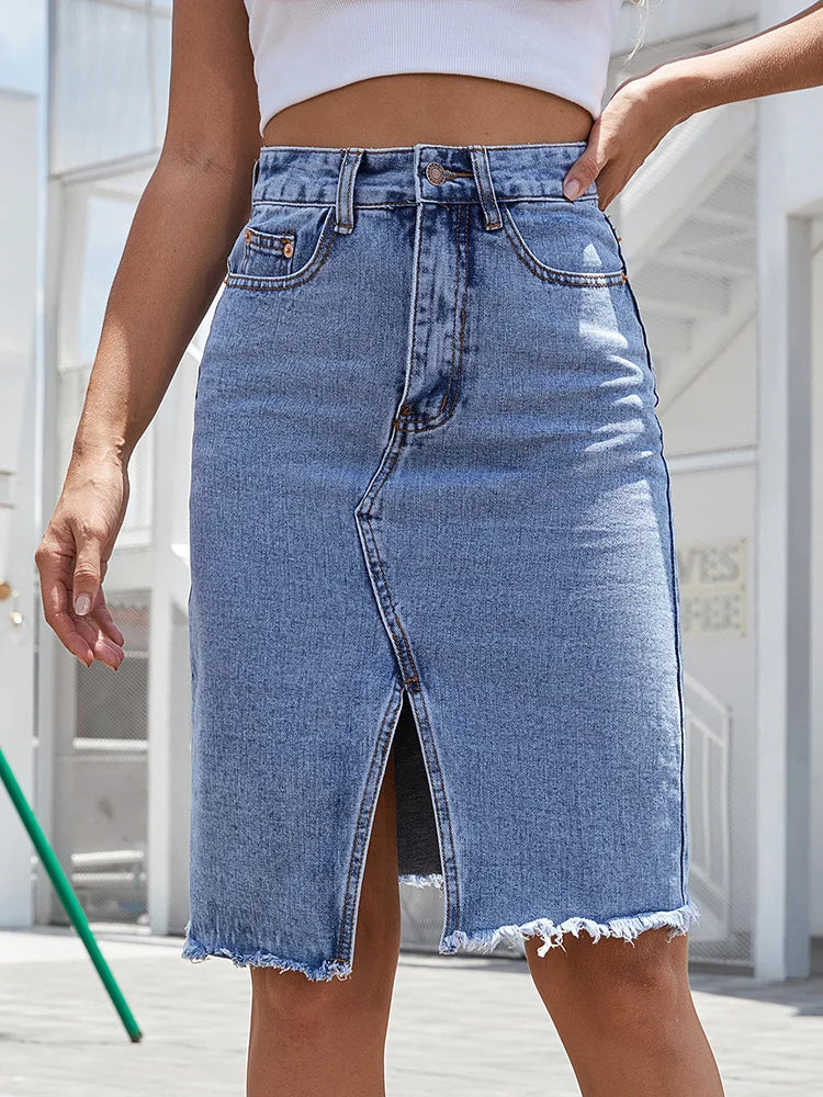 Women's Denim High Waist Midi Skirt – Front Slit Raw Hem Casual Summer