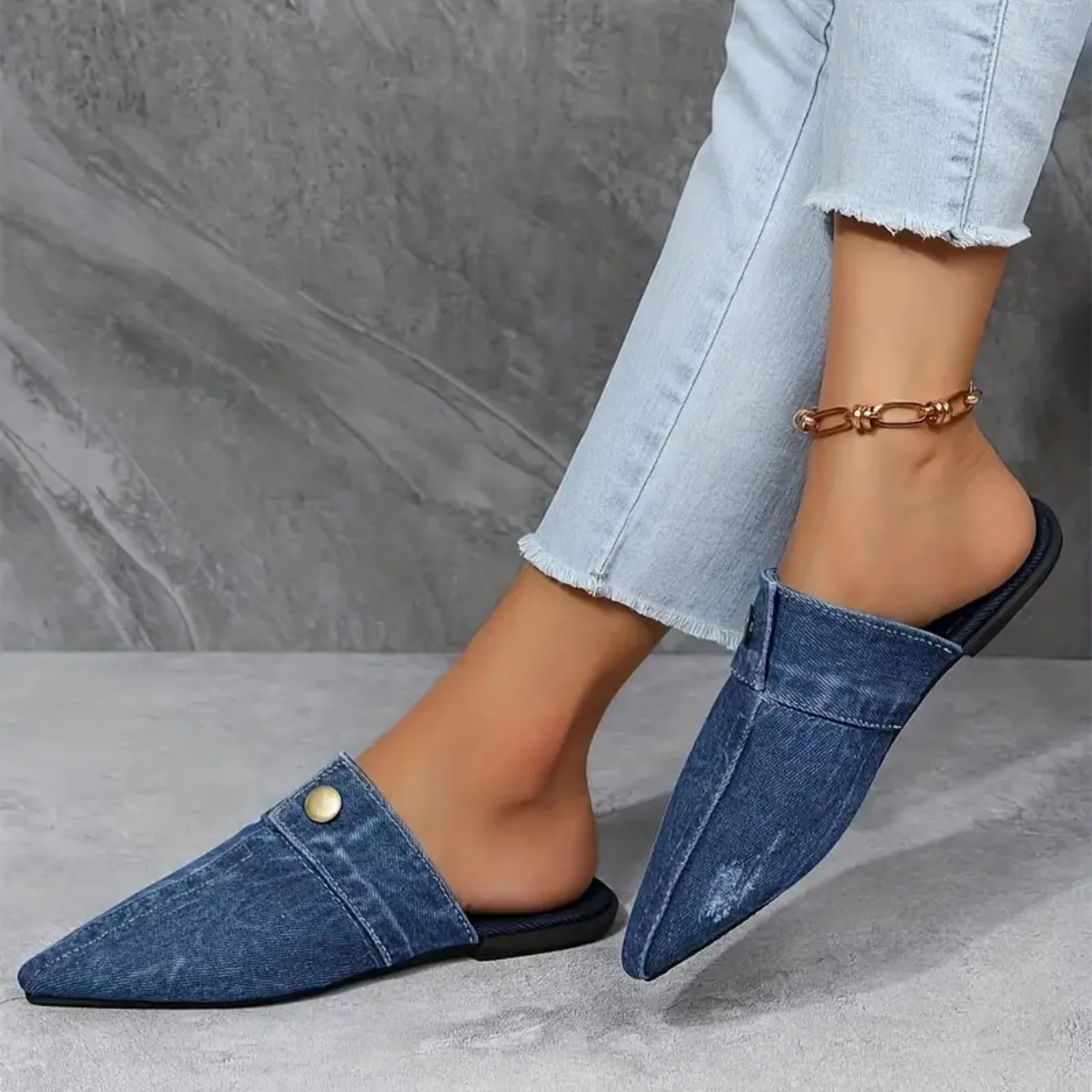 Women's Denim Mule Loafers – Pointed Toe Slip On Flat Stud Detail Casual