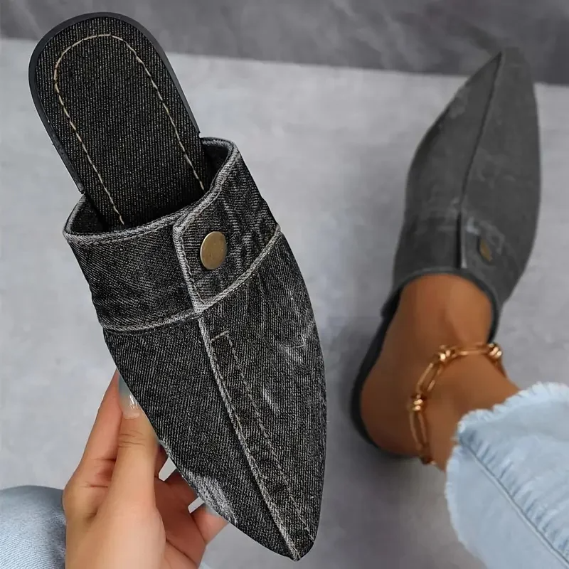 Women's Denim Mule Loafers – Pointed Toe Slip On Flat Stud Detail Casual