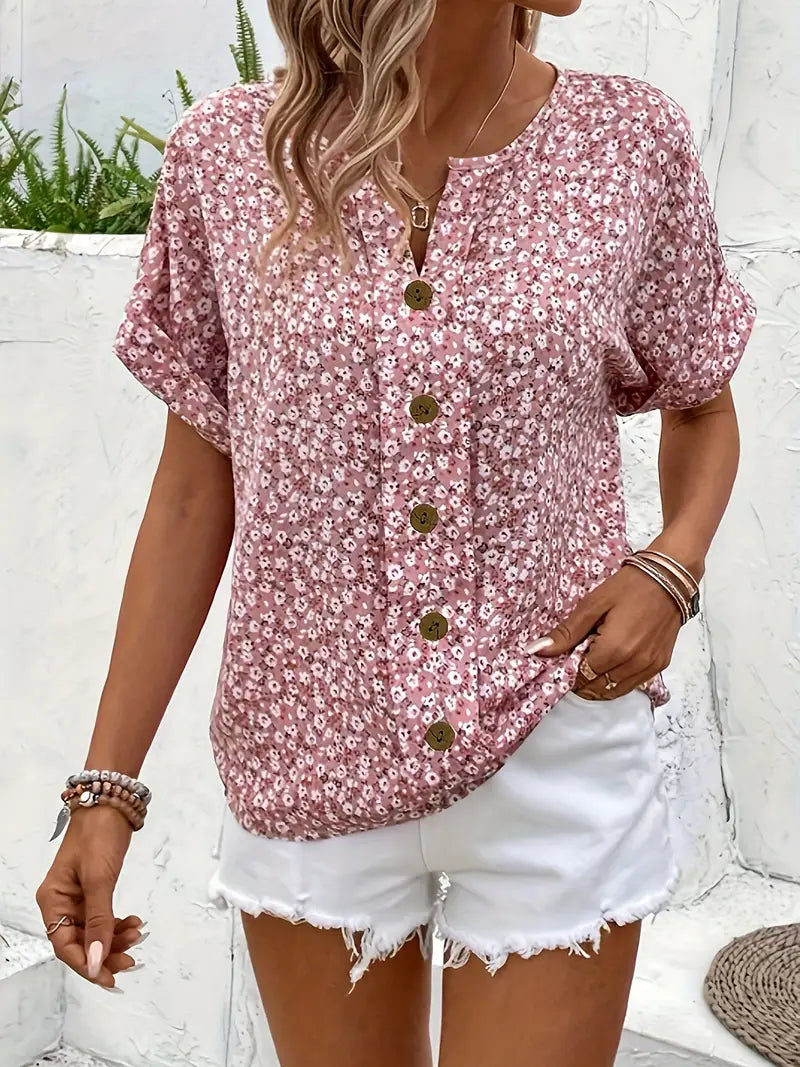 Women's Ditsy Floral Blouse – Button Front V Neck Short Sleeve Summer Casual