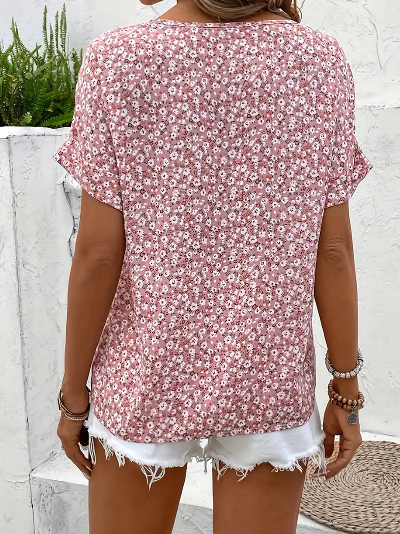 Women's Ditsy Floral Blouse – Button Front V Neck Short Sleeve Summer Casual