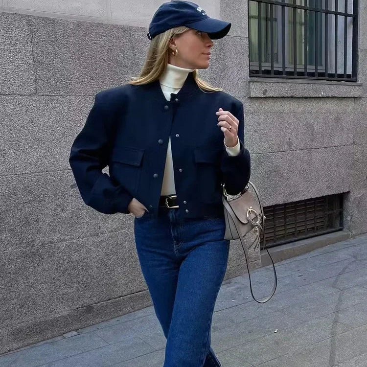 Women's Double Breasted Cropped Jacket – Stand Collar Patch Pocket Casual