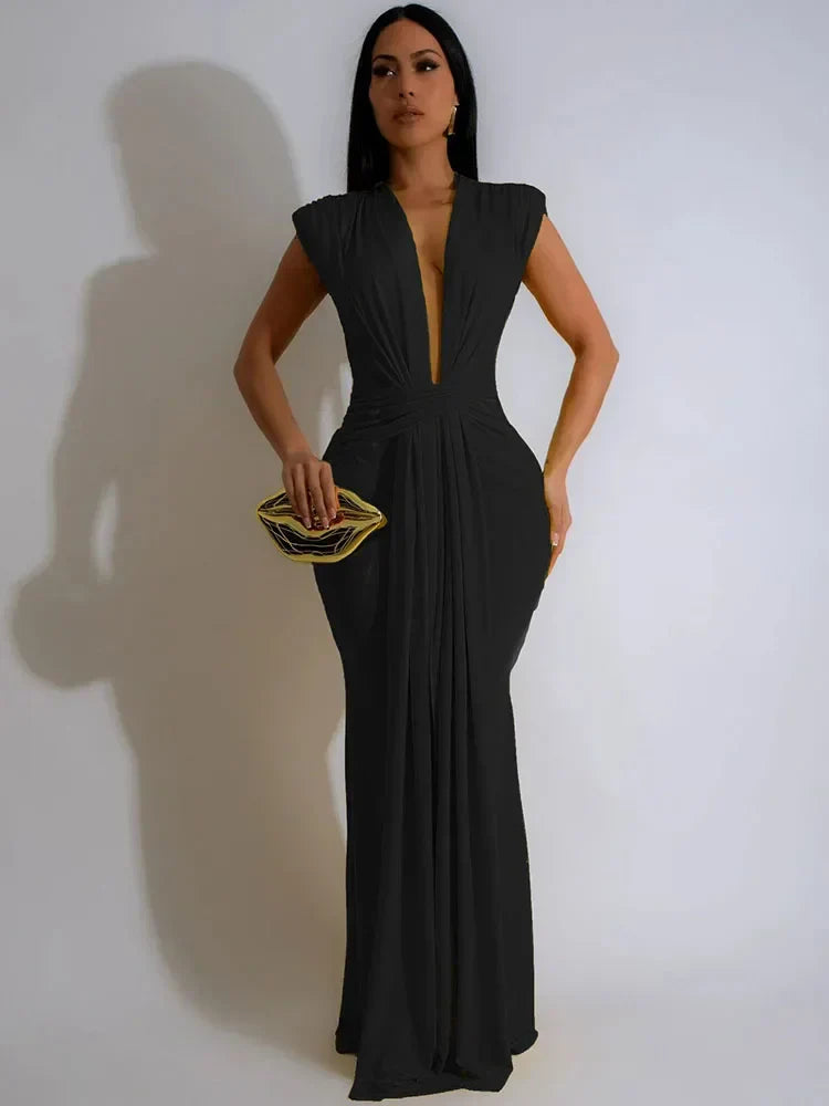 Women's Draped Maxi Dress – Deep V Neck Twisted Waist Sleeveless Formal