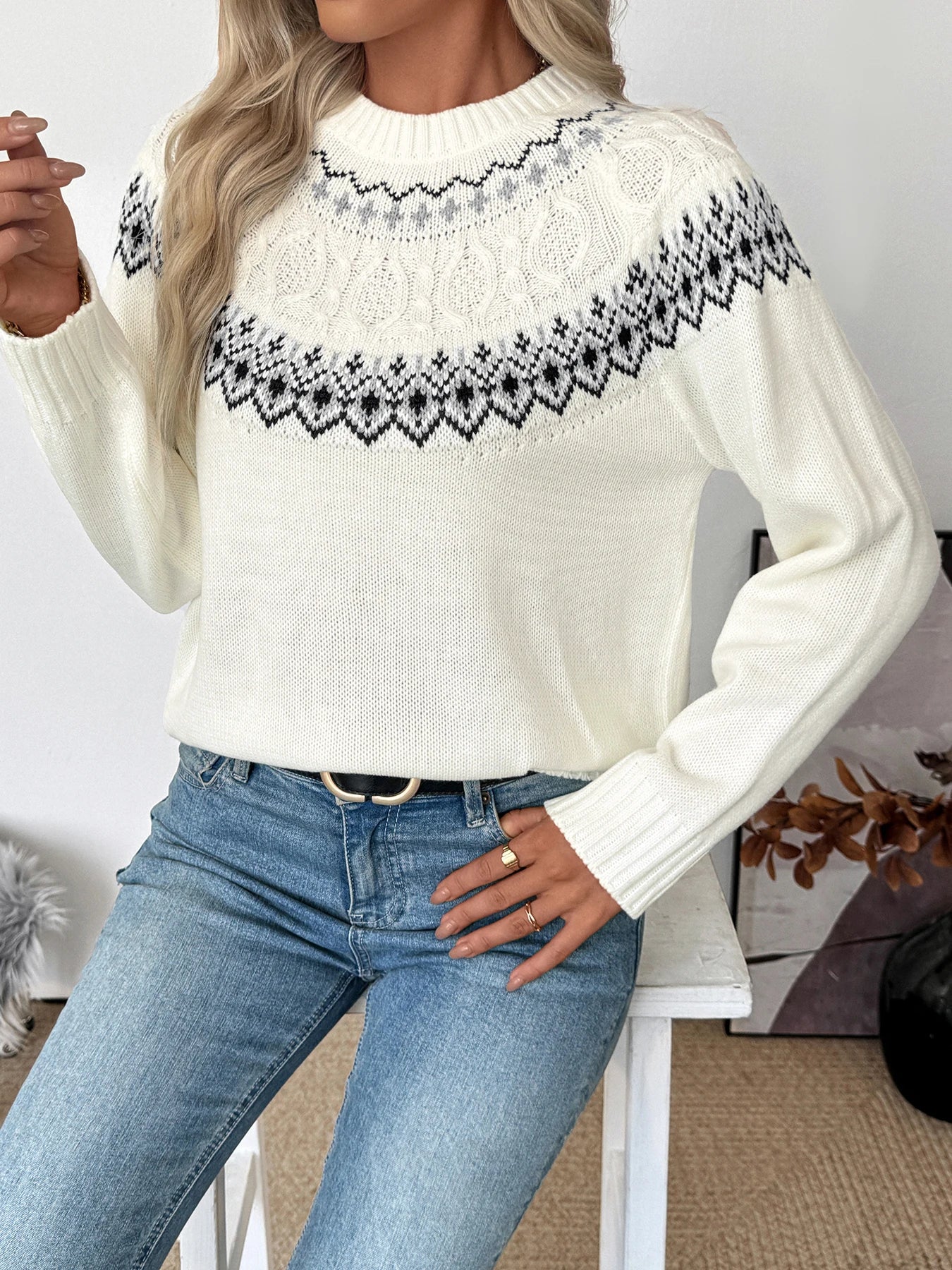 Women's Fair Isle Crew Neck Sweater – Long Sleeve Knit Transitional