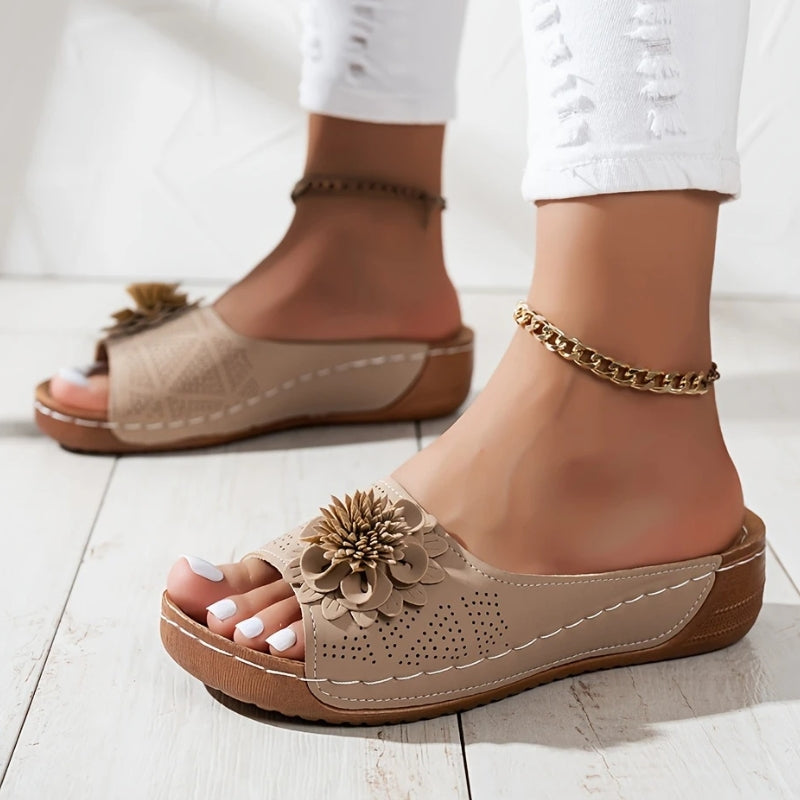 Women's Floral Appliqué Open Toe Wedge Slide Sandals – Perforated Summer