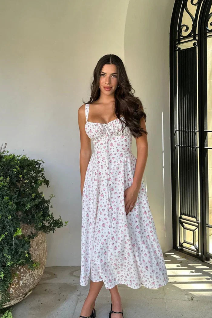 Women's Floral Bustier Midi Dress – Sweetheart Tie Front Wedding Guest