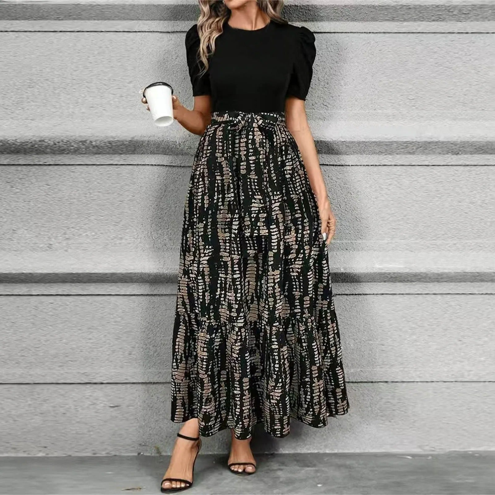 Women's Floral Colorblock Maxi – Tie Waist Puff Sleeve Ruffled Wedding Dress