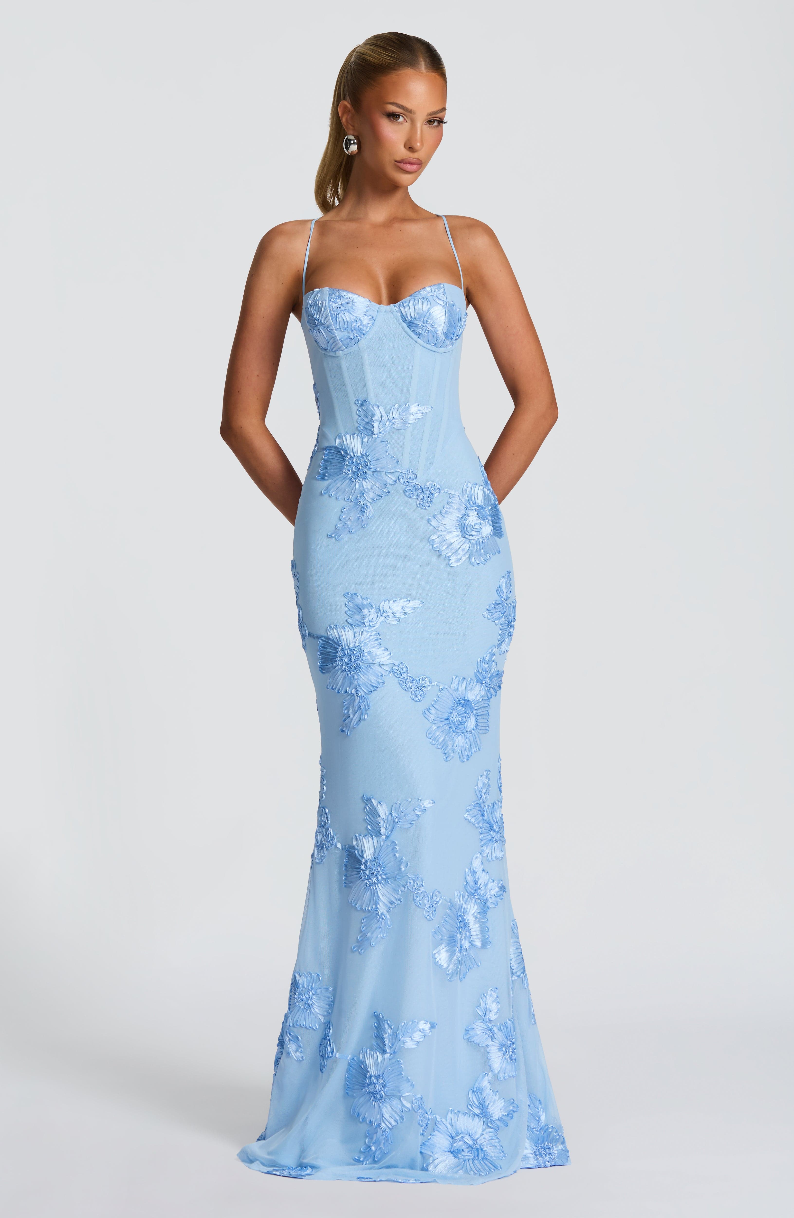 Women's Floral Corset Maxi – Spaghetti Strap Lace Up Back Wedding Guest Dress