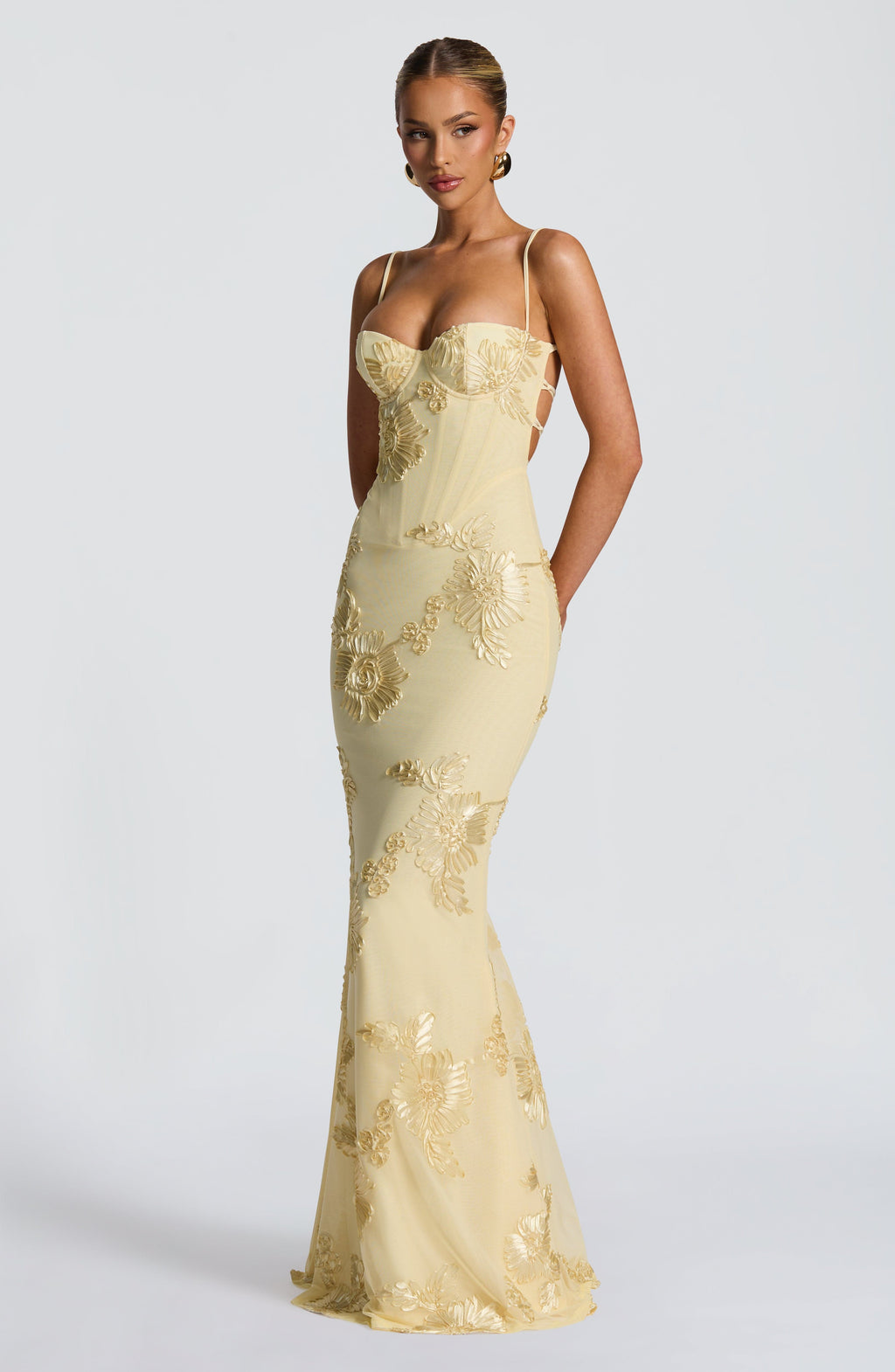 Women's Floral Corset Maxi – Spaghetti Strap Lace Up Back Wedding Guest Dress