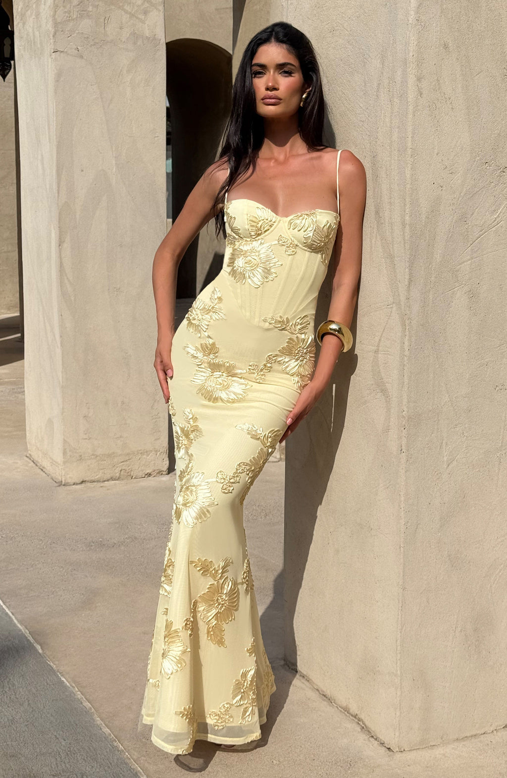Women's Floral Corset Maxi – Spaghetti Strap Lace Up Back Wedding Guest Dress