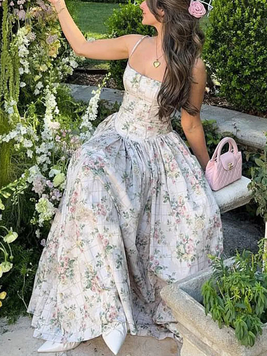 Women's Floral Corset Midi Dress – Strapless Boned Bodice A-Line Prom