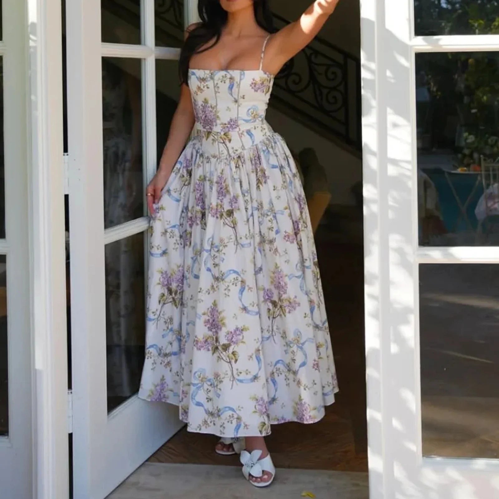 Women's Floral Corset Midi Dress – Strapless Boned Bodice A-Line Prom