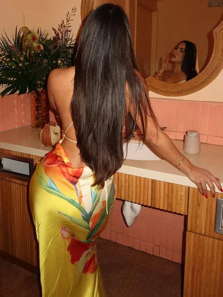 Women's Floral Cowl Neck Backless Maxi – Sleeveless Wedding Guest Dress