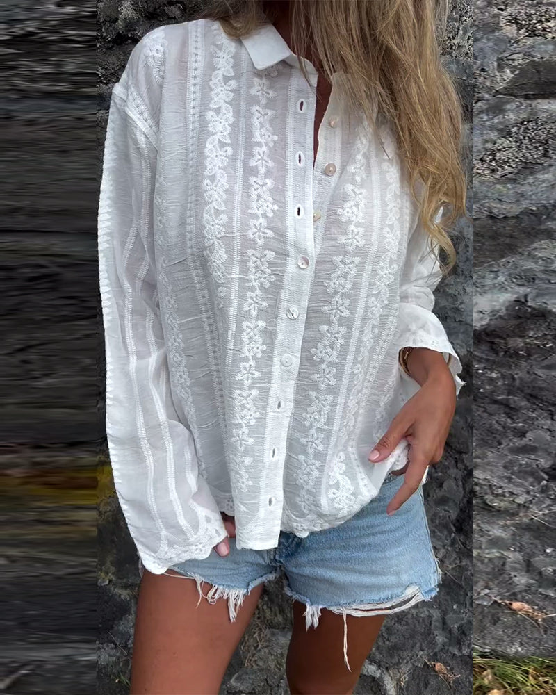 Women's Floral Embroidered Blouse – Collared Button Front Long Sleeve Casual