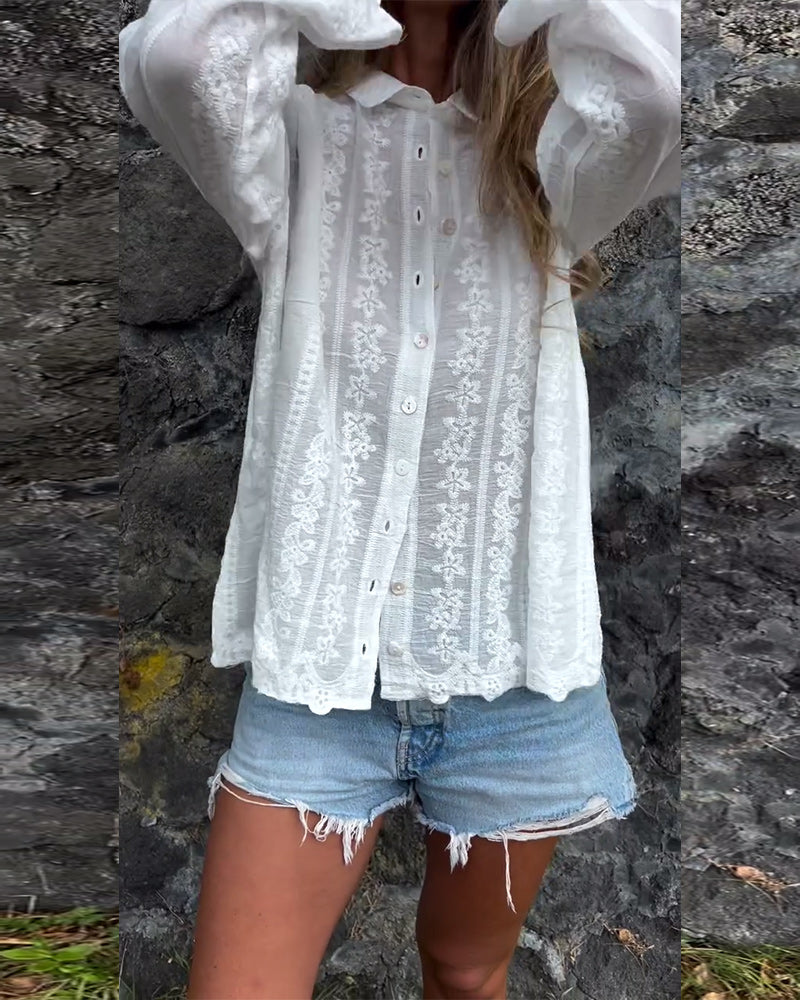 Women's Floral Embroidered Blouse – Collared Button Front Long Sleeve Casual