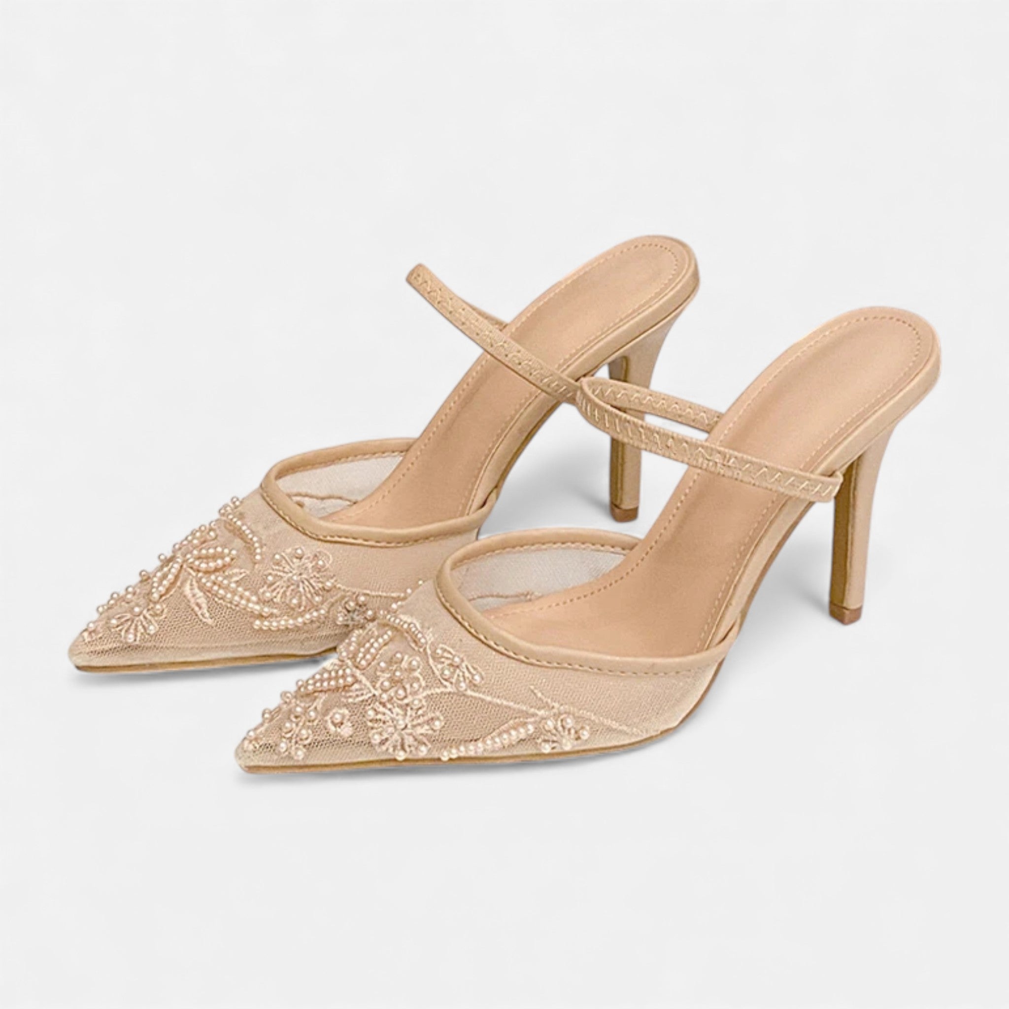 Women's Floral Embroidered Mesh Pointed Toe Mules – Stiletto Heel Wedding