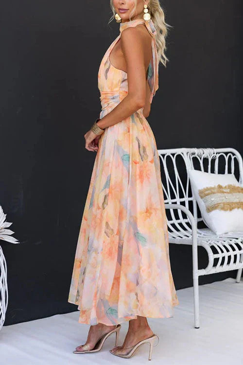 Women's Floral Halter Maxi Dress – Sleeveless Gathered Waist Wedding Guest
