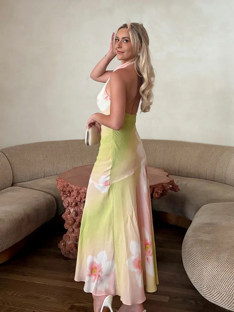 Women's Floral Halter Neck Maxi – Cowl Draped Backless Wedding Guest Dress