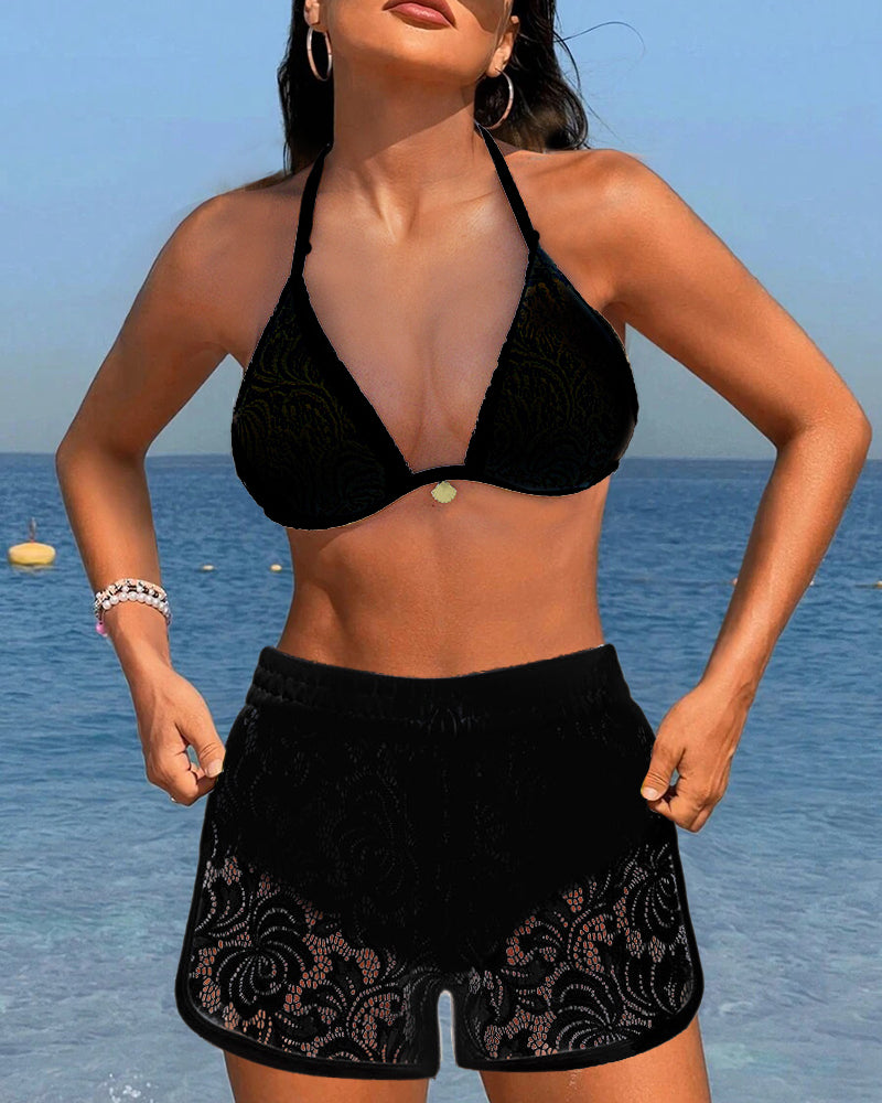 Women's Floral Lace Bikini Set – Triangle Halter Top Swim Shorts Beach