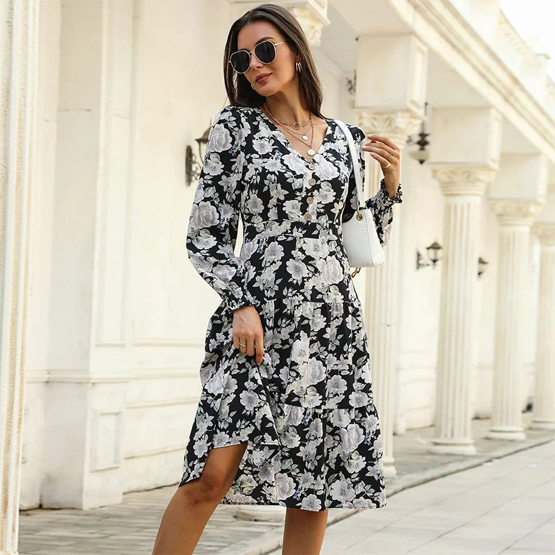 Women's Floral Long Sleeve Midi Dress – V Neck Button Front A-Line Summer