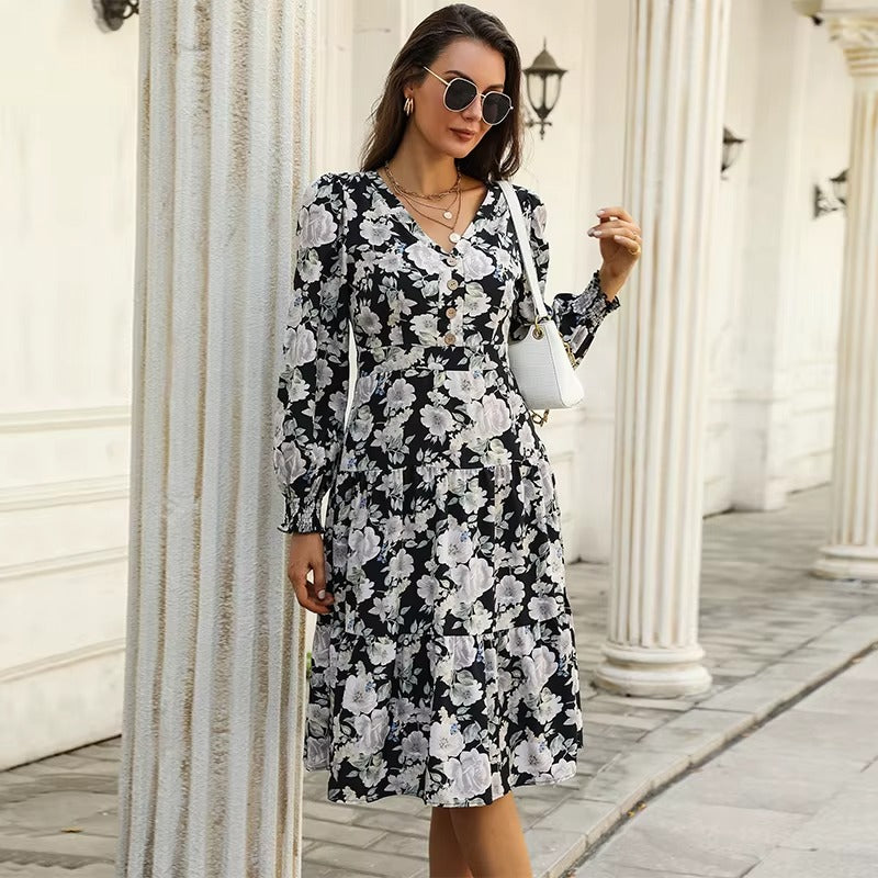 Women's Floral Long Sleeve Midi Dress – V Neck Button Front A-Line Summer