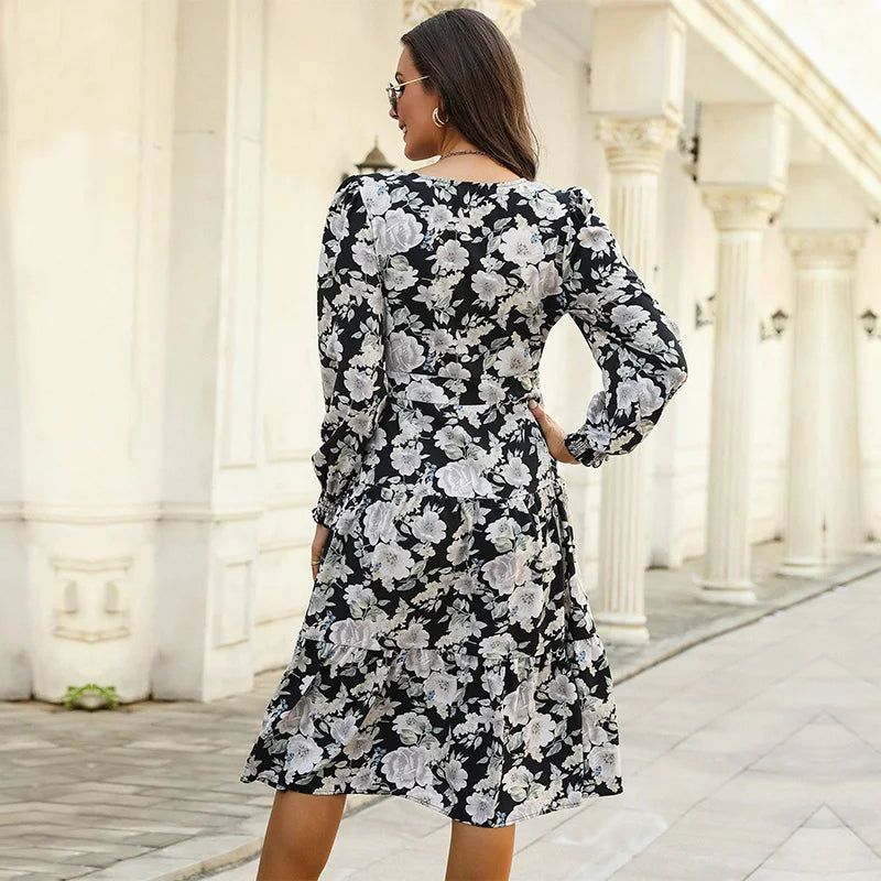 Women's Floral Long Sleeve Midi Dress – V Neck Button Front A-Line Summer