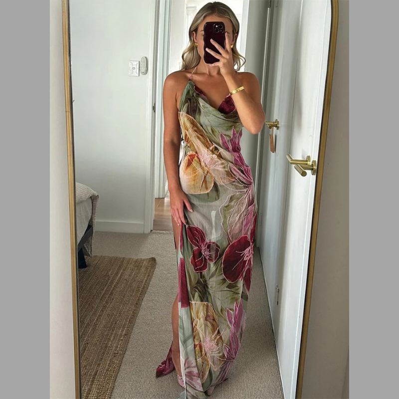 Women's Floral Maxi Dress – Cowl Neck Spaghetti Strap Side Split Wedding Guest