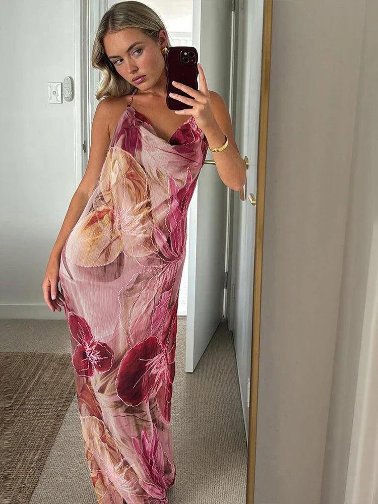 Women's Floral Maxi Dress – Cowl Neck Spaghetti Strap Side Split Wedding Guest