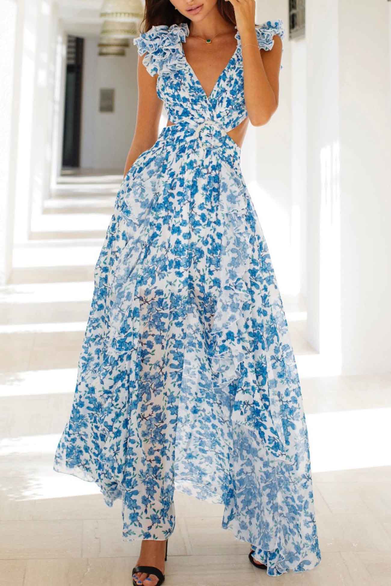 Women's Floral Maxi Dress – Ruffle Sleeve Deep V Neck Side Cutout Wedding Guest