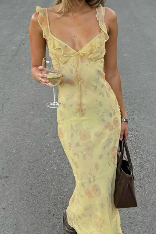 Women's Floral Maxi Dress – Ruffle V Neck Spaghetti Strap Summer Slip