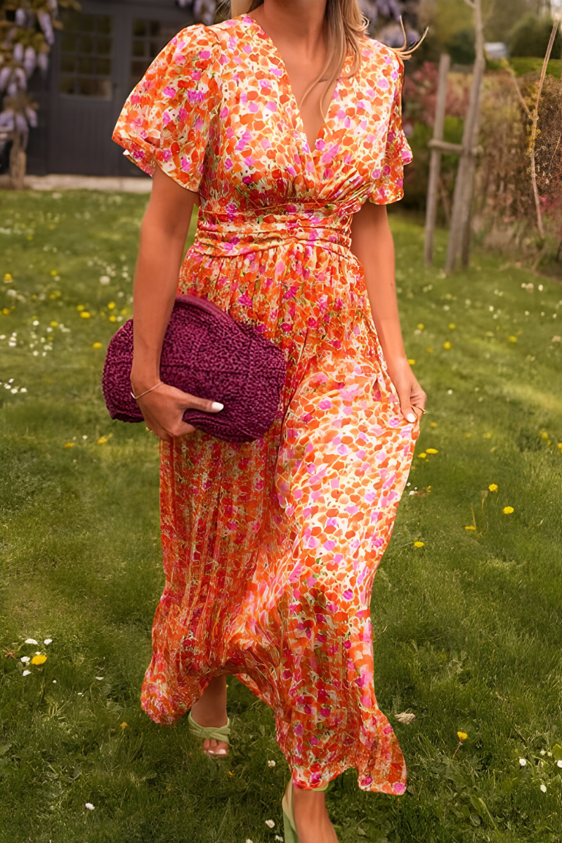 Women's Floral Maxi Dress – V Neck Flutter Sleeve Ruched Waist Wedding Guest