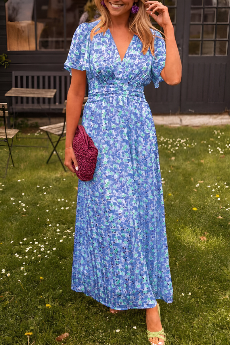 Women's Floral Maxi Dress – V Neck Flutter Sleeve Ruched Waist Wedding Guest