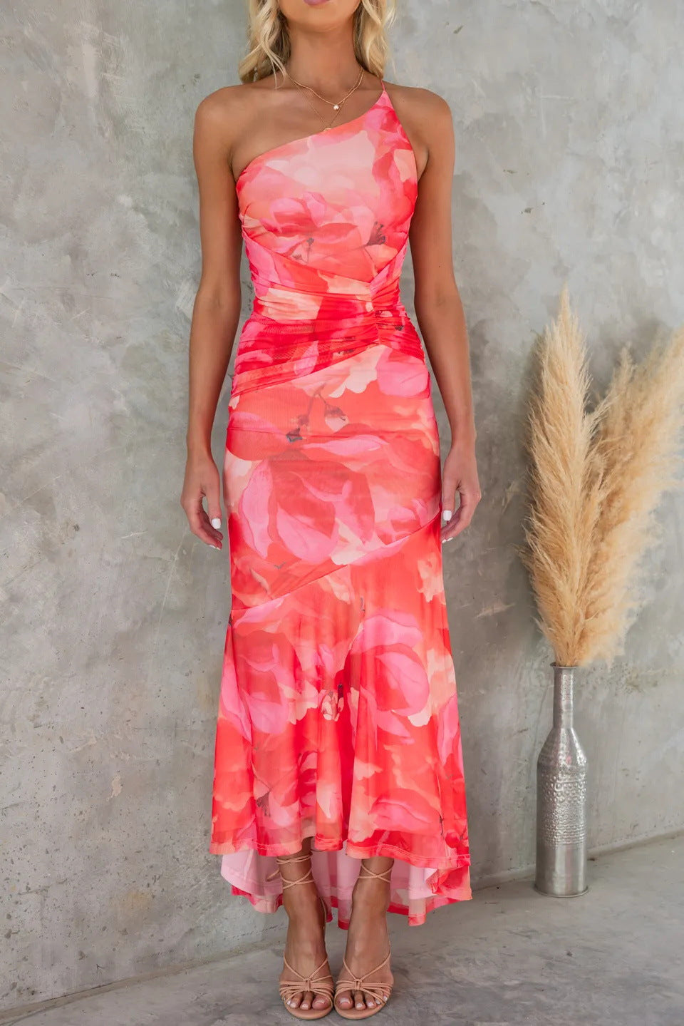 Women's Floral Maxi – One Shoulder Ruched Asymmetric Ruffle Wedding Guest Dress