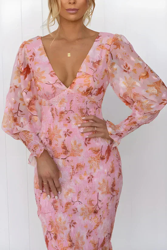 Women's Floral Midi – Deep V Neck Bishop Sleeve Smocked Waist Wedding Guest Dress