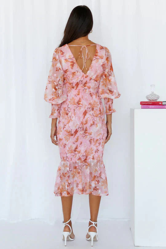 Women's Floral Midi – Deep V Neck Bishop Sleeve Smocked Waist Wedding Guest Dress