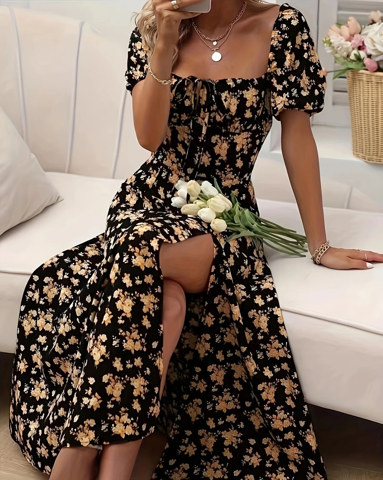Women's Floral Midi Dress – Square Neck Puff Sleeve Tiered Split Summer