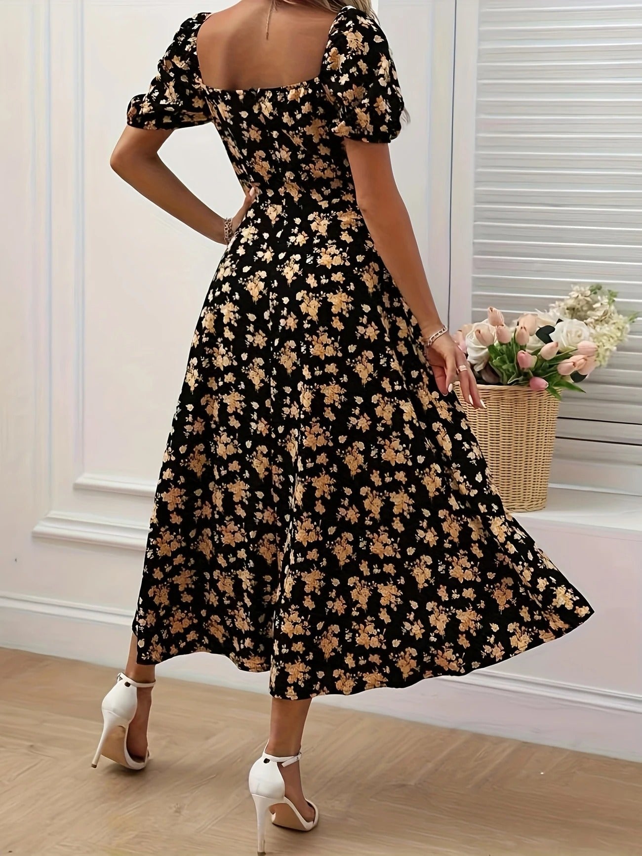 Women's Floral Midi Dress – Square Neck Puff Sleeve Tiered Split Summer