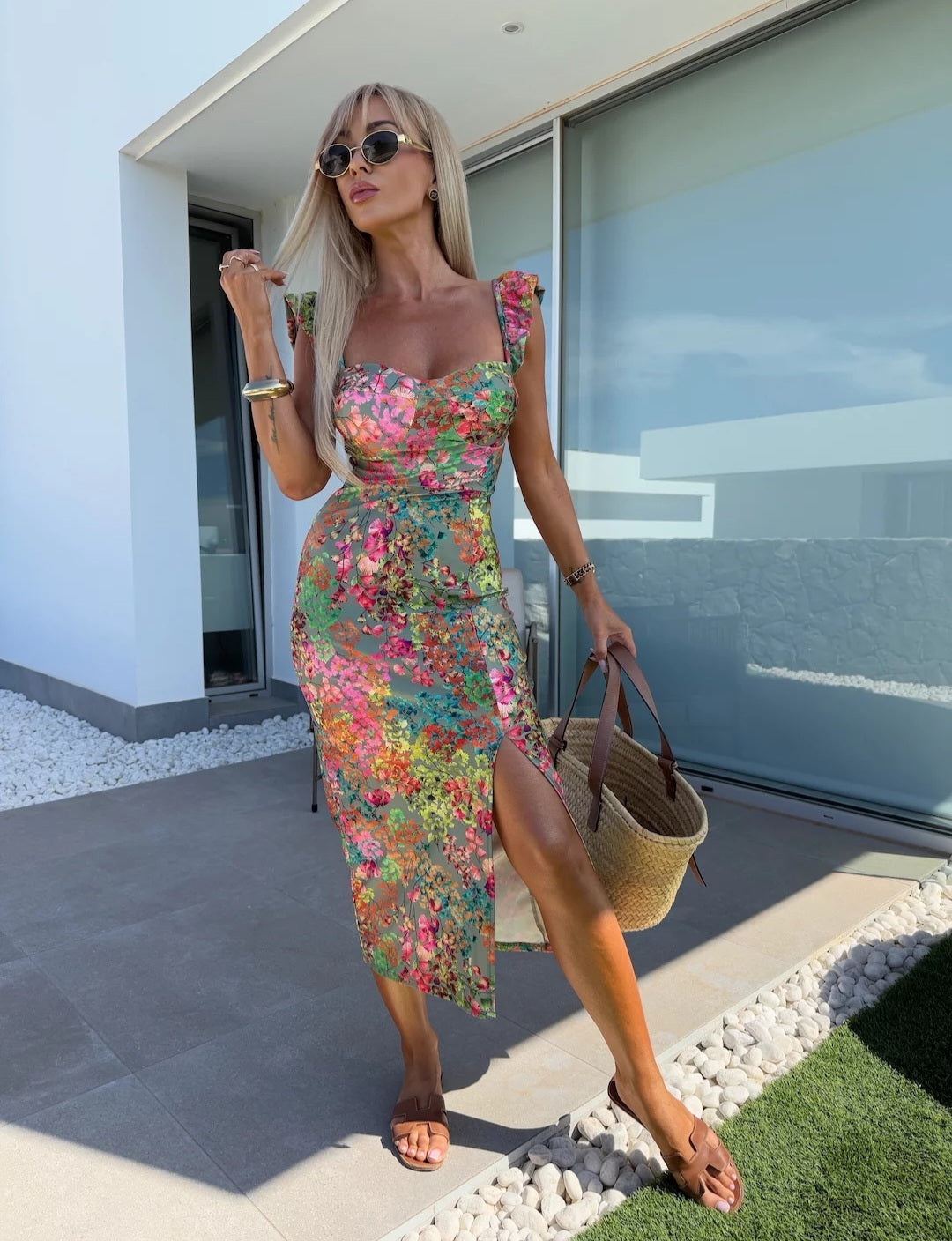Women's Floral Midi Dress – Sweetheart Neck Flutter Strap Side Slit Summer