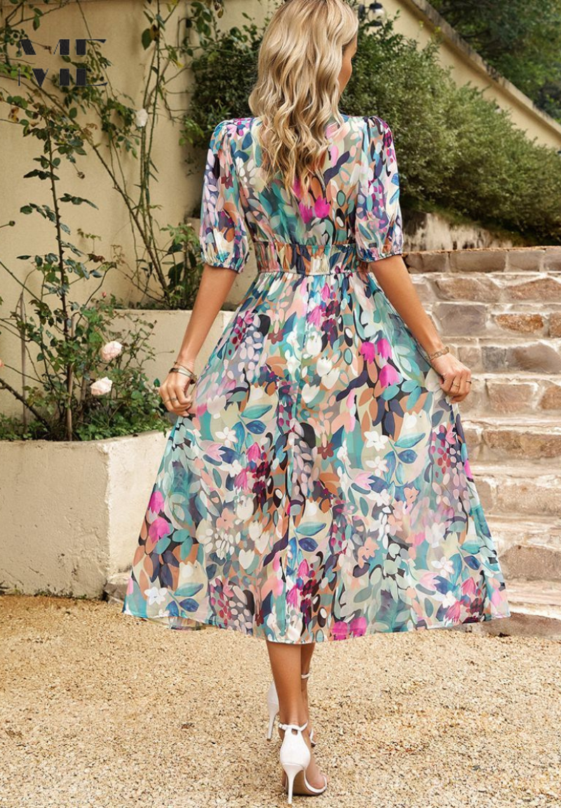 Women's Floral Midi Dress – V Neck Puff Sleeve Gathered Waist Wedding Guest