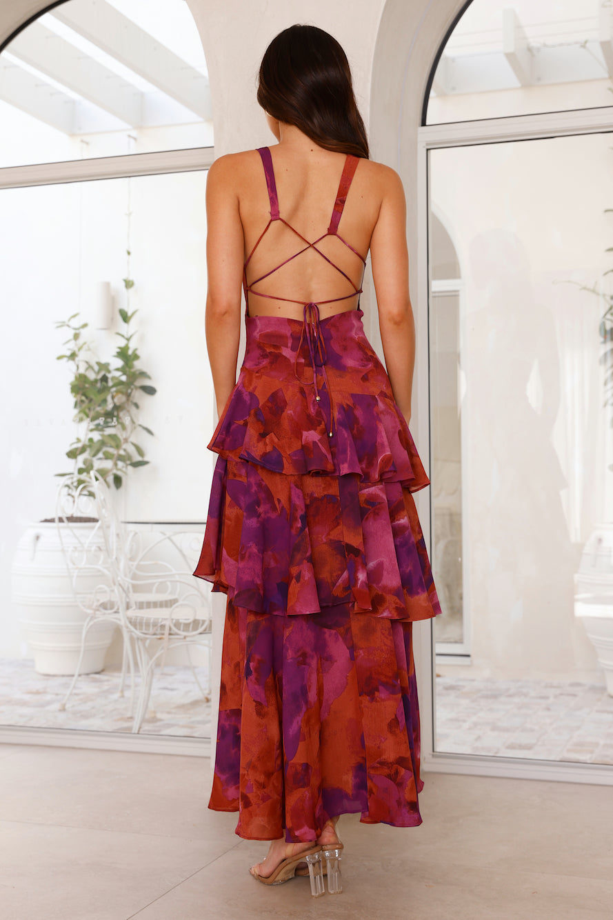 Women's Floral Print V Neck Maxi – Tiered Ruffle Open Back Wedding Guest Dress