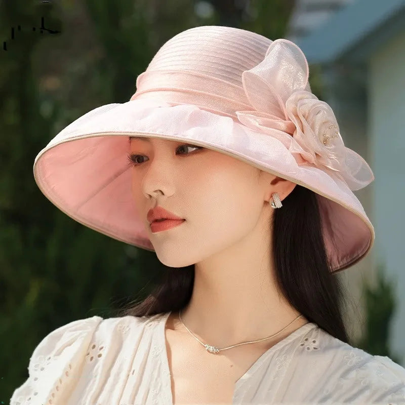 Women's Floral Wide Brim Sun Hat – Pleated Crown Layered Brim Garden Party